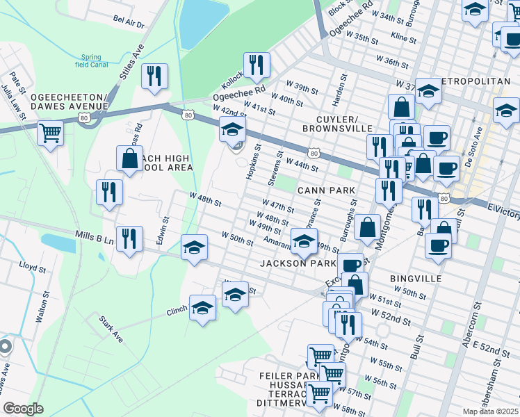 map of restaurants, bars, coffee shops, grocery stores, and more near 819 West 47th Street in Savannah
