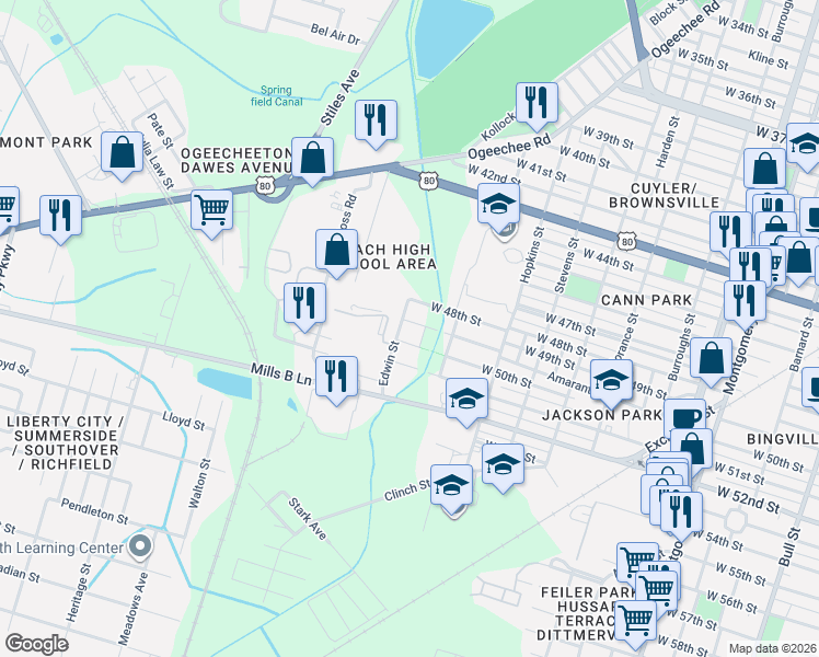 map of restaurants, bars, coffee shops, grocery stores, and more near 1233 West 49th Street in Savannah