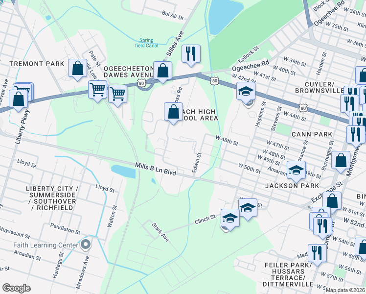 map of restaurants, bars, coffee shops, grocery stores, and more near 3401 Edwin Street in Savannah