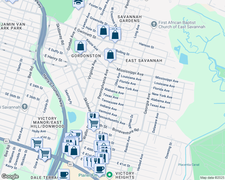 map of restaurants, bars, coffee shops, grocery stores, and more near 2102 Alabama Avenue in Savannah
