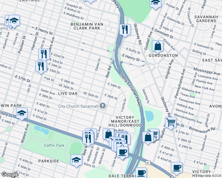 map of restaurants, bars, coffee shops, grocery stores, and more near 1620 East 35th Street in Savannah