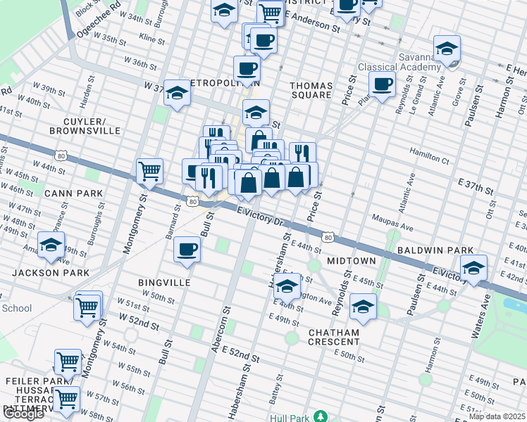 map of restaurants, bars, coffee shops, grocery stores, and more near 206 East Victory Drive in Savannah