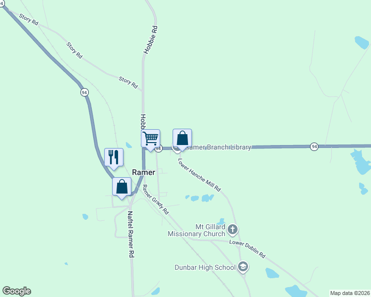 map of restaurants, bars, coffee shops, grocery stores, and more near 5460 Alabama 94 in Ramer