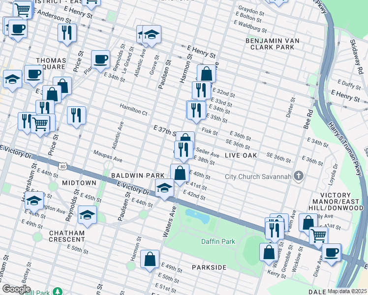 map of restaurants, bars, coffee shops, grocery stores, and more near 2114 Waters Avenue in Savannah