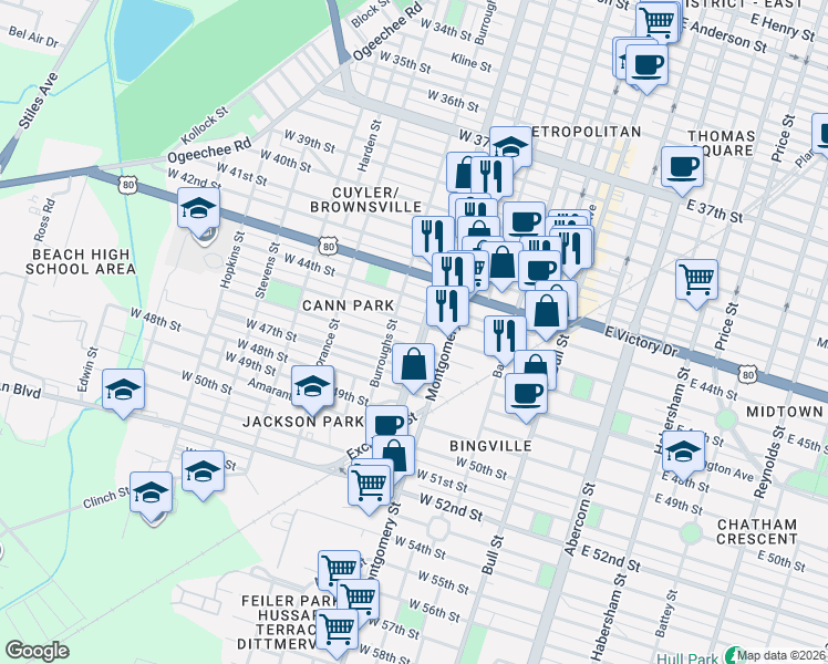 map of restaurants, bars, coffee shops, grocery stores, and more near 2901 Martin Luther King Junior Boulevard in Savannah