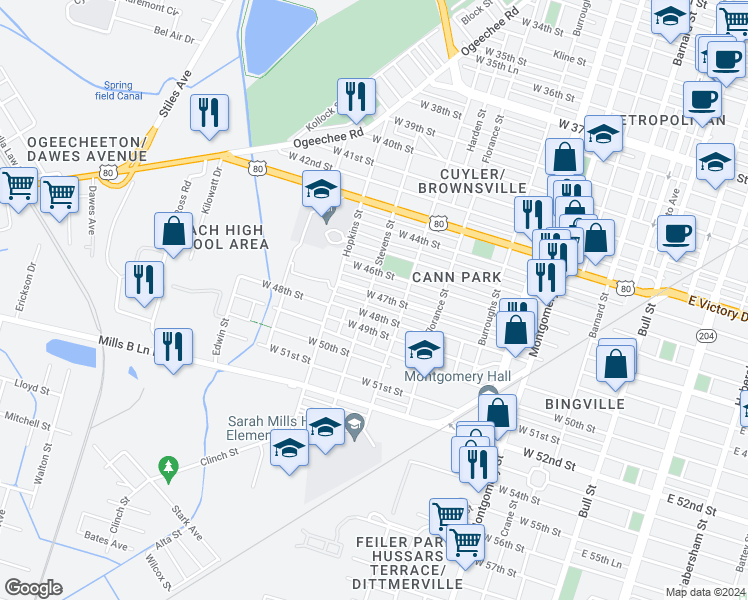 map of restaurants, bars, coffee shops, grocery stores, and more near 823 West 47th Street in Savannah