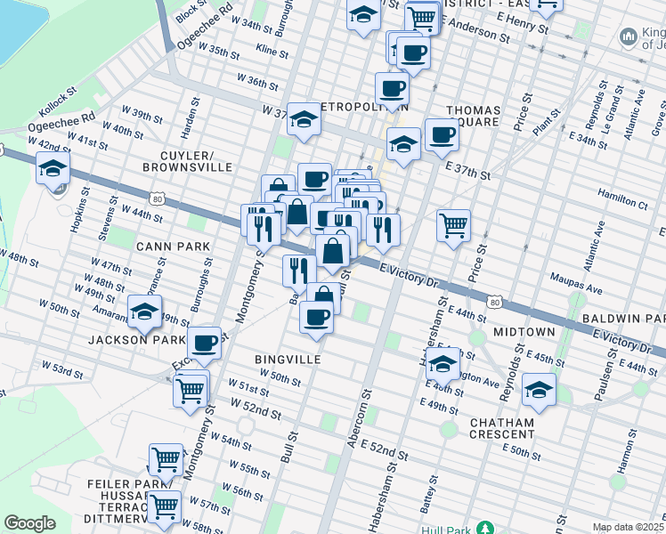 map of restaurants, bars, coffee shops, grocery stores, and more near 1 West Victory Drive in Savannah