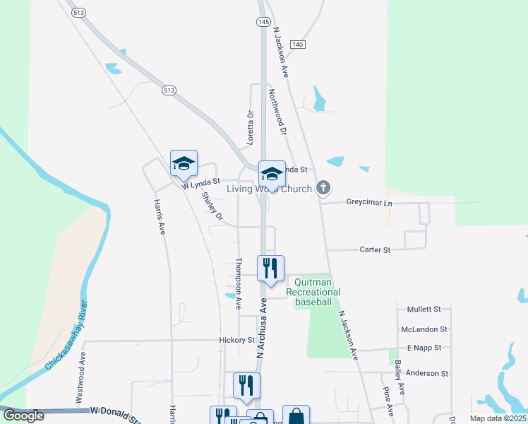 map of restaurants, bars, coffee shops, grocery stores, and more near 910 North Archusa Avenue in Quitman