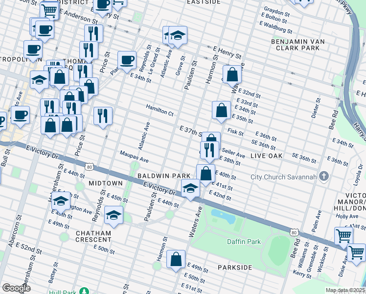 map of restaurants, bars, coffee shops, grocery stores, and more near 821 East 38th Street in Savannah