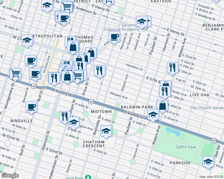 map of restaurants, bars, coffee shops, grocery stores, and more near in Savannah
