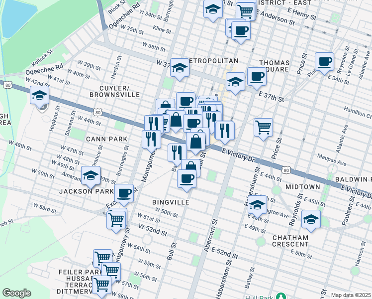 map of restaurants, bars, coffee shops, grocery stores, and more near 1 West Victory Drive in Savannah