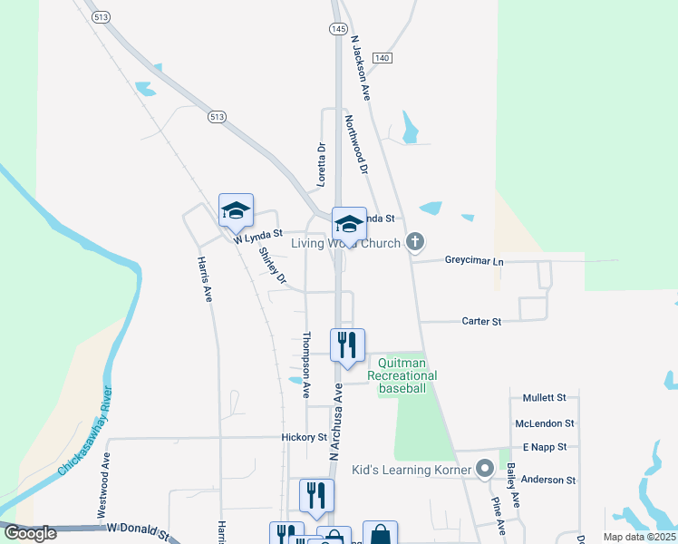 map of restaurants, bars, coffee shops, grocery stores, and more near 1502 North Archusa Avenue in Quitman