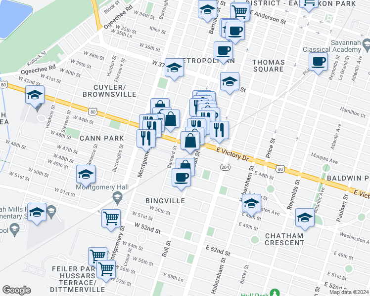 map of restaurants, bars, coffee shops, grocery stores, and more near 101 West 44th Street in Savannah