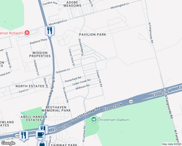map of restaurants, bars, coffee shops, grocery stores, and more near 1222 Porterfield Road in Midland