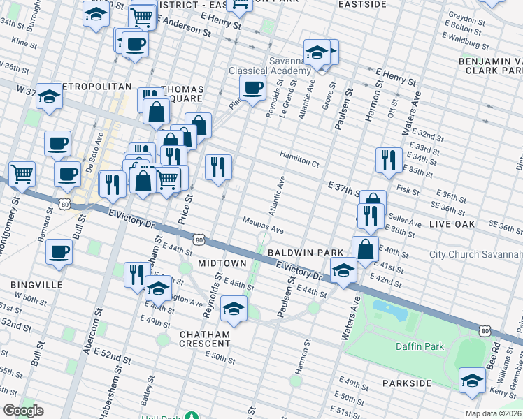 map of restaurants, bars, coffee shops, grocery stores, and more near in Savannah