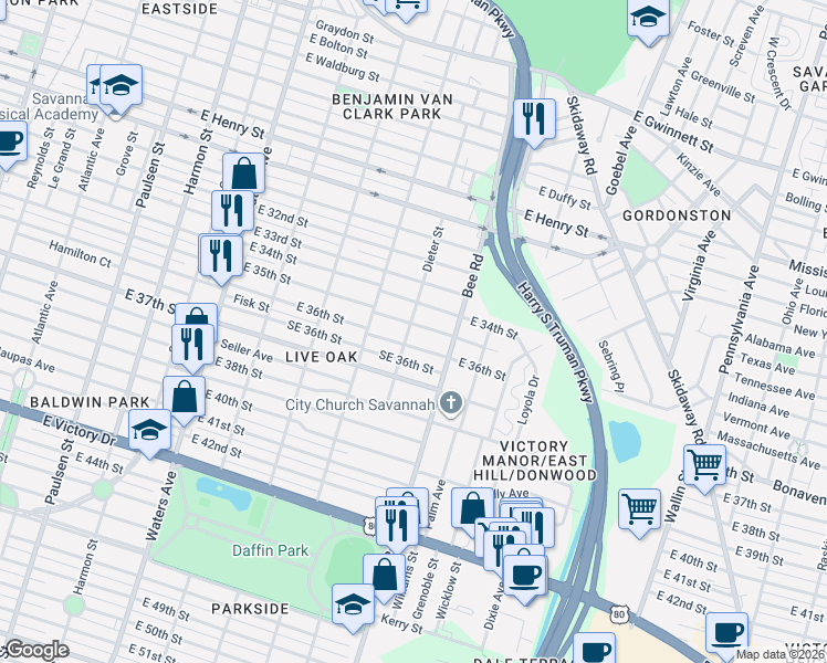 map of restaurants, bars, coffee shops, grocery stores, and more near 1413 Northeast 36th Street in Savannah