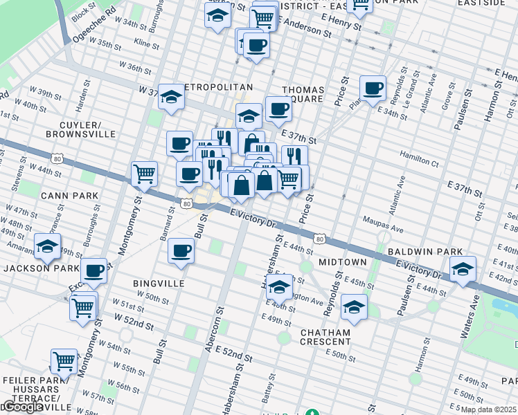 map of restaurants, bars, coffee shops, grocery stores, and more near 206 East Victory Drive in Savannah