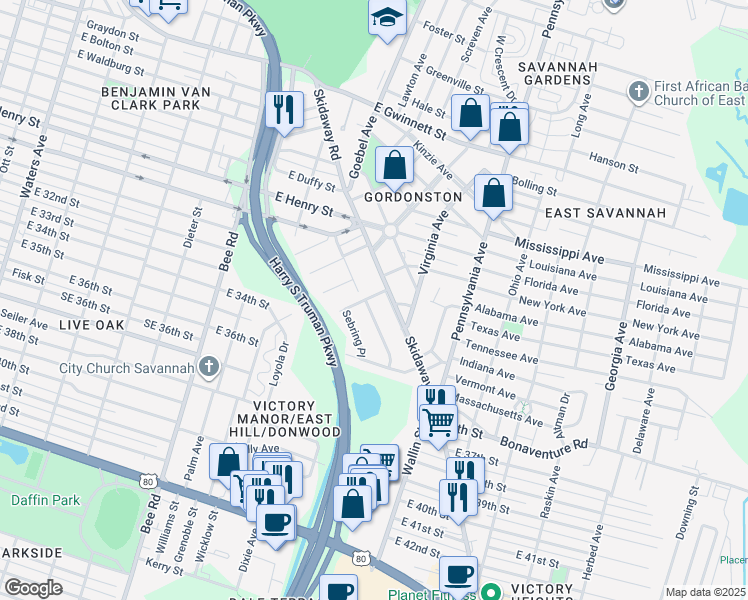 map of restaurants, bars, coffee shops, grocery stores, and more near 9 Bridgestone Lane in Savannah