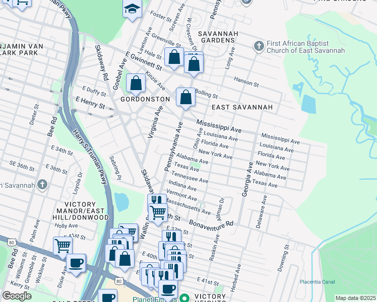 map of restaurants, bars, coffee shops, grocery stores, and more near 2102 Alabama Avenue in Savannah