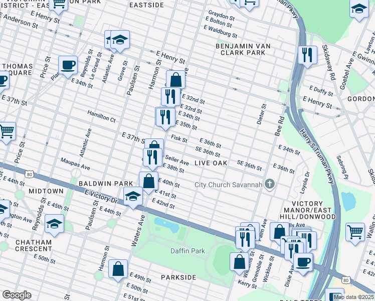 map of restaurants, bars, coffee shops, grocery stores, and more near 1215 East 37th Street in Savannah