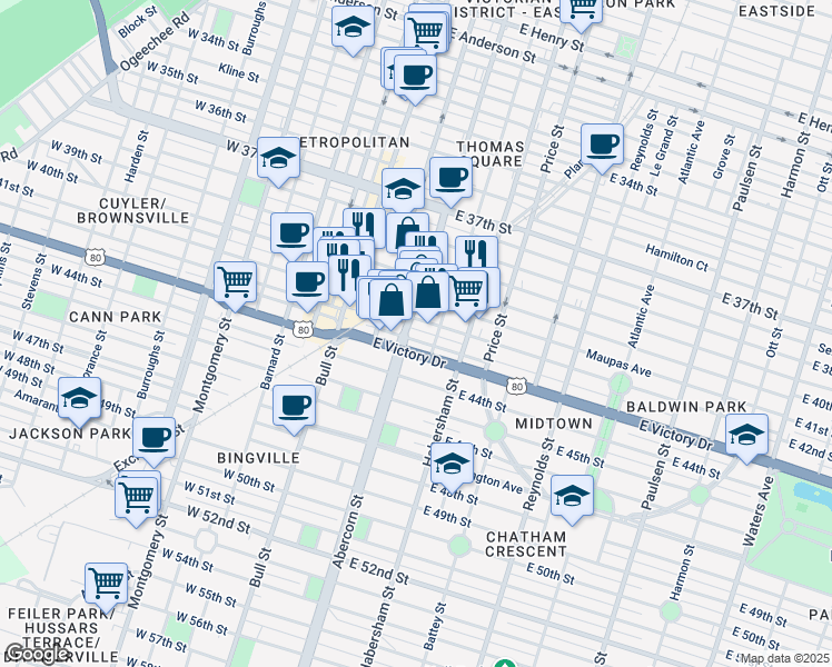 map of restaurants, bars, coffee shops, grocery stores, and more near 206 East Victory Drive in Savannah