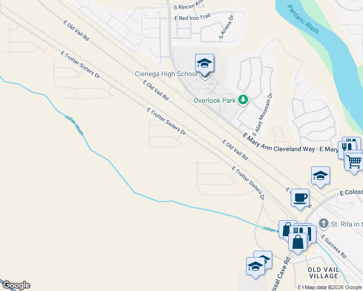 map of restaurants, bars, coffee shops, grocery stores, and more near 11801-12559 East Old Vail Road in Vail