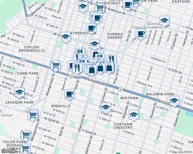 map of restaurants, bars, coffee shops, grocery stores, and more near 206 East Victory Drive in Savannah