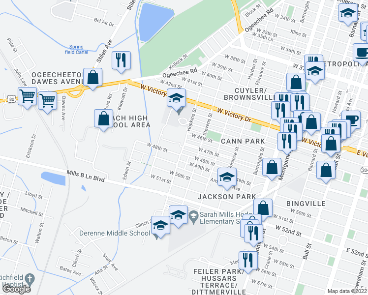 map of restaurants, bars, coffee shops, grocery stores, and more near 1024 West 48th Street in Savannah