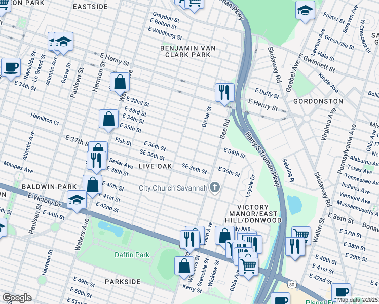 map of restaurants, bars, coffee shops, grocery stores, and more near 1413 Northeast 36th Street in Savannah