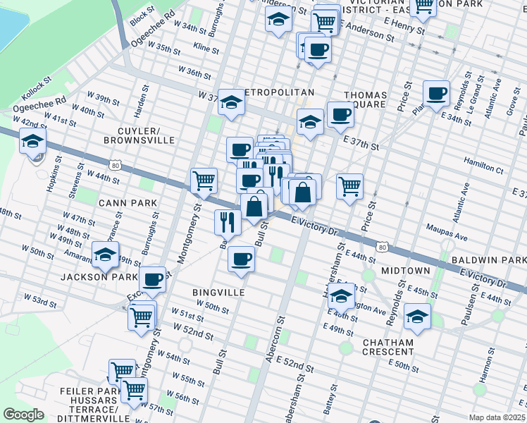 map of restaurants, bars, coffee shops, grocery stores, and more near 4 East 44th Street in Savannah
