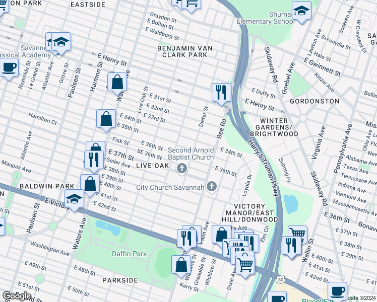 map of restaurants, bars, coffee shops, grocery stores, and more near 1421 East 35th Street in Savannah