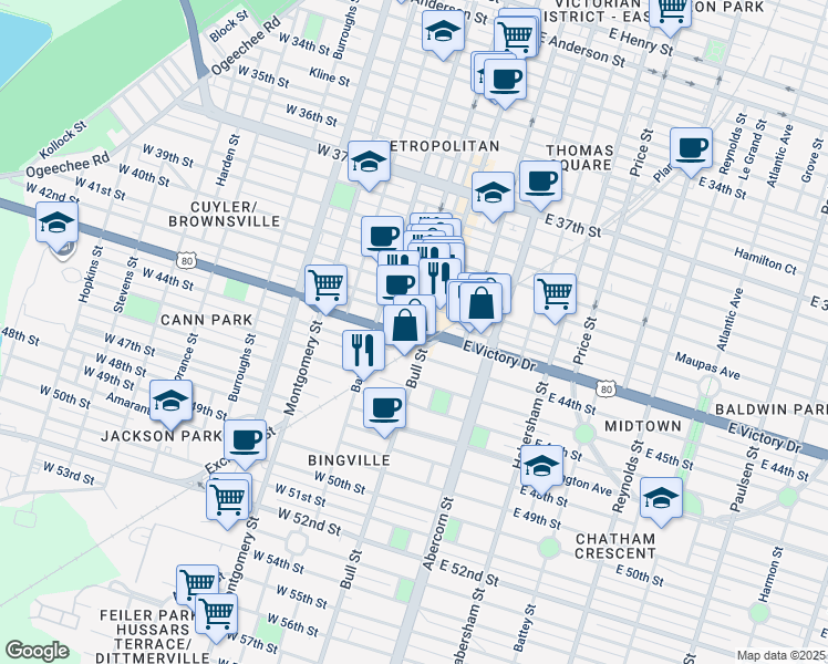 map of restaurants, bars, coffee shops, grocery stores, and more near 4 East 44th Street in Savannah