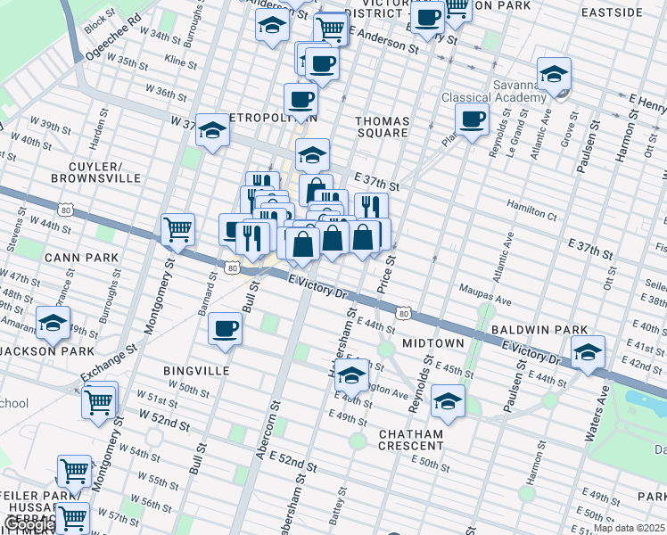 map of restaurants, bars, coffee shops, grocery stores, and more near 206 East Victory Drive in Savannah