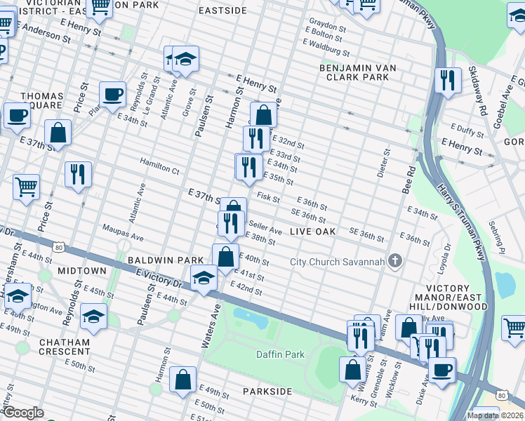 map of restaurants, bars, coffee shops, grocery stores, and more near 1126 Seiler Avenue in Savannah