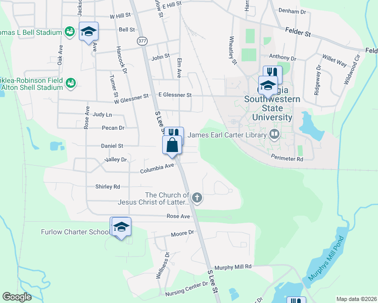 map of restaurants, bars, coffee shops, grocery stores, and more near Grande Ave in Americus