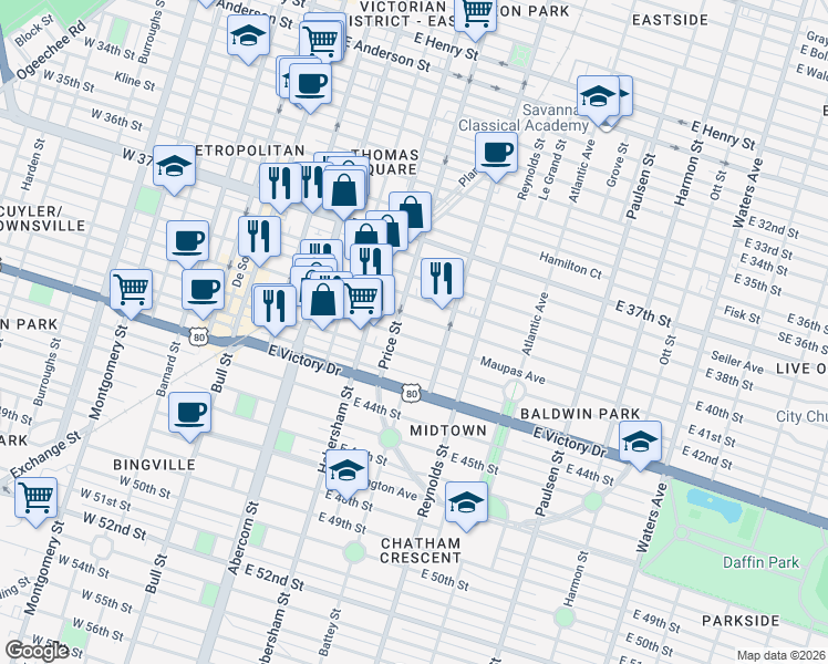 map of restaurants, bars, coffee shops, grocery stores, and more near 519 East 39th Street in Savannah