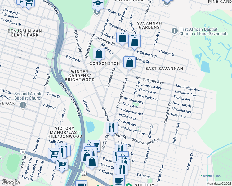 map of restaurants, bars, coffee shops, grocery stores, and more near 512 Durant Avenue in Savannah