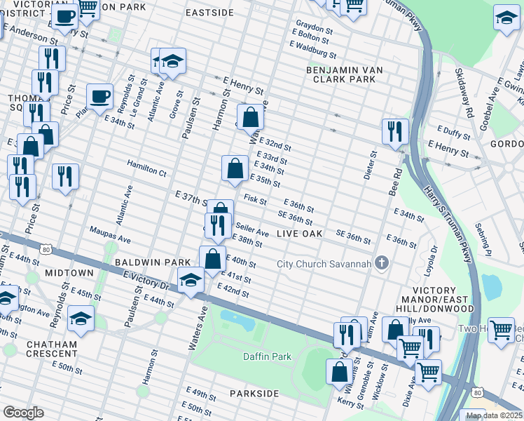 map of restaurants, bars, coffee shops, grocery stores, and more near 1117 Northeast 36th Street in Savannah