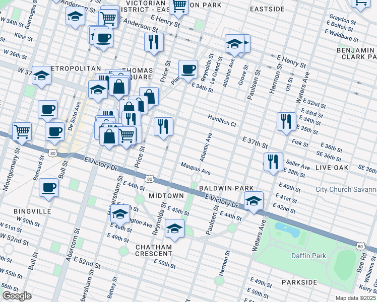 map of restaurants, bars, coffee shops, grocery stores, and more near 629 East 38th Street in Savannah