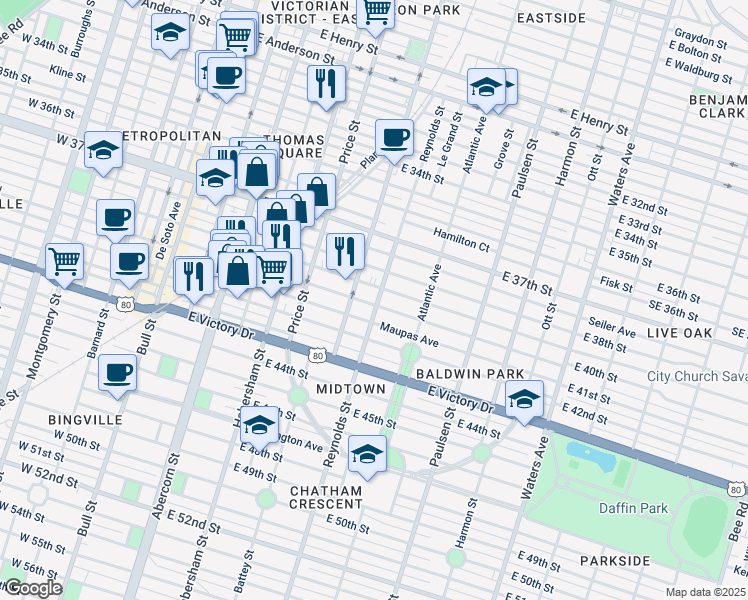 map of restaurants, bars, coffee shops, grocery stores, and more near 608 East 39th Street in Savannah