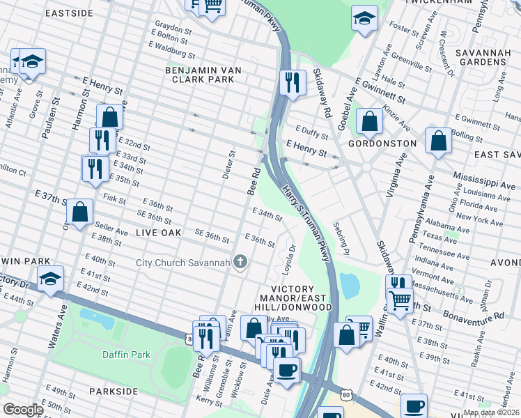 map of restaurants, bars, coffee shops, grocery stores, and more near 1502 Bee Road in Savannah