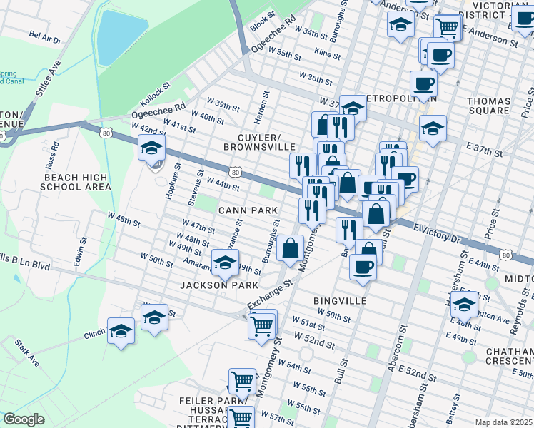 map of restaurants, bars, coffee shops, grocery stores, and more near West 45th Street in Savannah