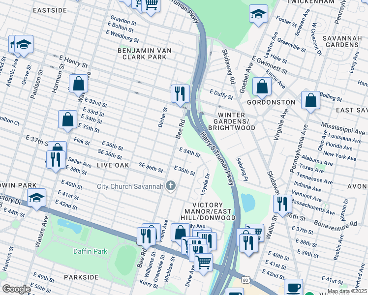 map of restaurants, bars, coffee shops, grocery stores, and more near 1502 Bee Road in Savannah