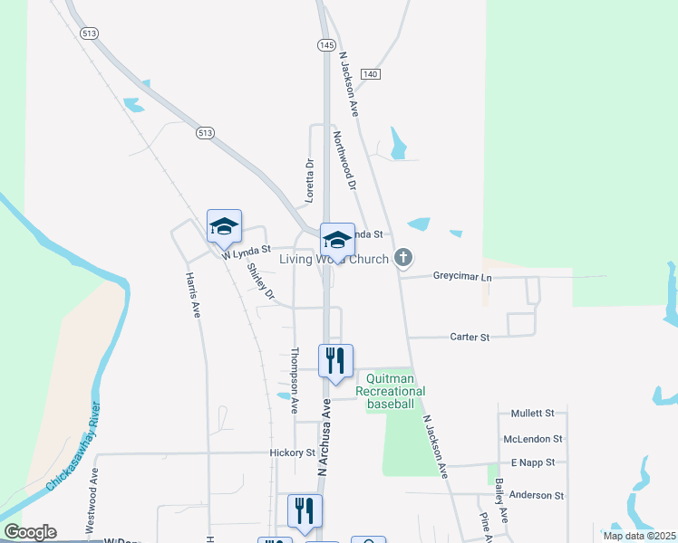 map of restaurants, bars, coffee shops, grocery stores, and more near 910 North Archusa Avenue in Quitman