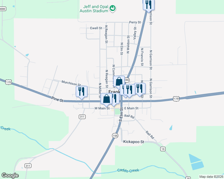 map of restaurants, bars, coffee shops, grocery stores, and more near 406 South Reagan Street in Frankston