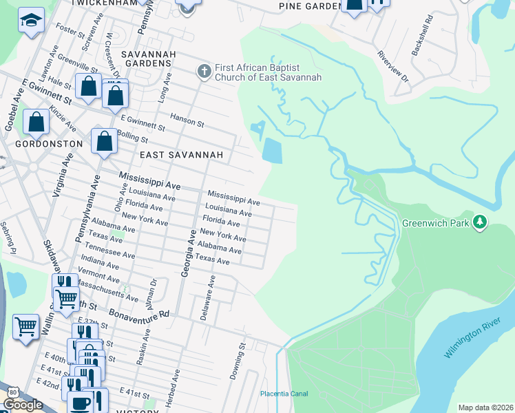 map of restaurants, bars, coffee shops, grocery stores, and more near 2506 Mississippi Avenue in Savannah