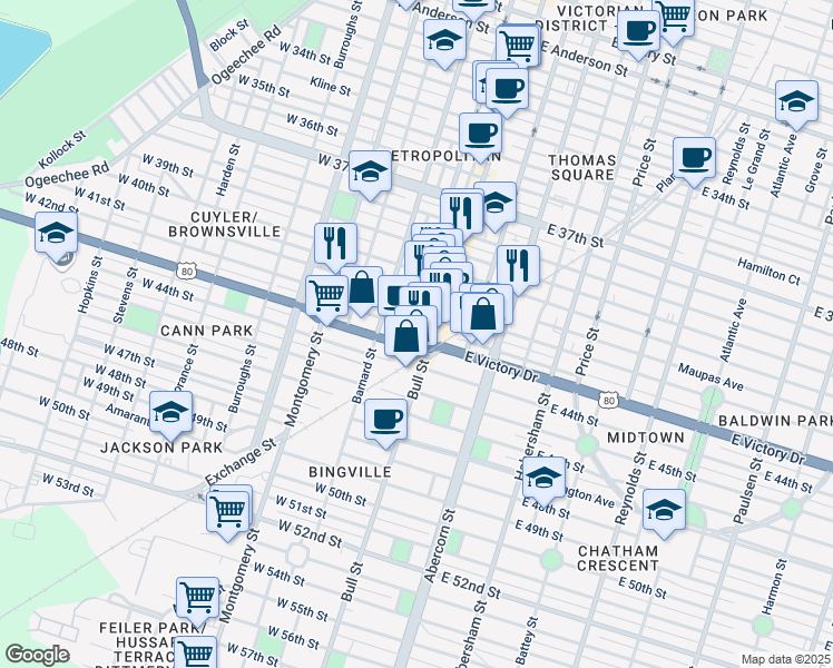 map of restaurants, bars, coffee shops, grocery stores, and more near 2517 Bull Street in Savannah