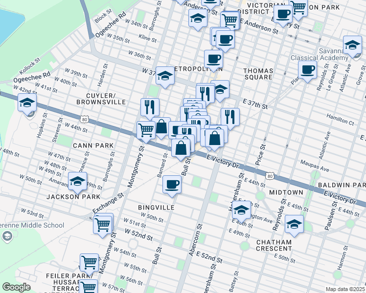 map of restaurants, bars, coffee shops, grocery stores, and more near 2517 Bull Street in Savannah