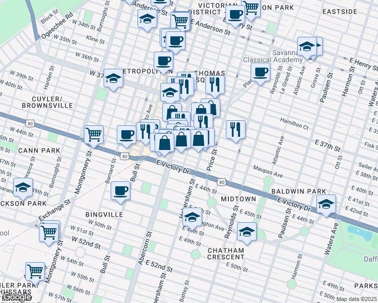 map of restaurants, bars, coffee shops, grocery stores, and more near 2408 Lincoln Street in Savannah