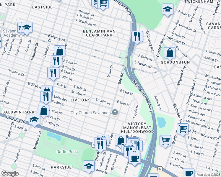 map of restaurants, bars, coffee shops, grocery stores, and more near 1514 East 34th Street in Savannah